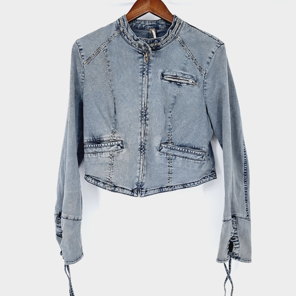 Free People Washed Gray Fitted Moto Racing Denim Jacket